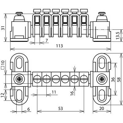 Technische Zeichnung eines Bauteils mit mehreren Maßen. Oben: Sechs rechteckige Einheiten, gesamt 113 mm breit, 31 mm hoch. Unten: Horizontale Stange, Maße 53 mm, mit Kreisen und Schraubenlöchern.