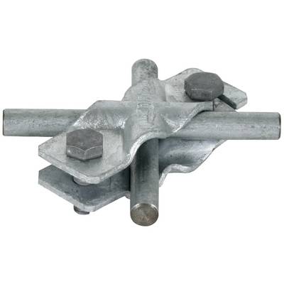 Metallischer Rohrverbinder mit zwei überkreuzten Rohren, gesichert durch zwei Schrauben, verwendet für stabile Rohrverbindungen.
