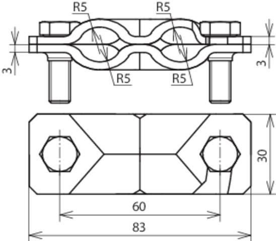 Technische Zeichnung eines Metallverbinders mit Maßen: 83 mm lang, 30 mm breit. Zeigt zwei Schraubenlöcher und R5-Rundungen.