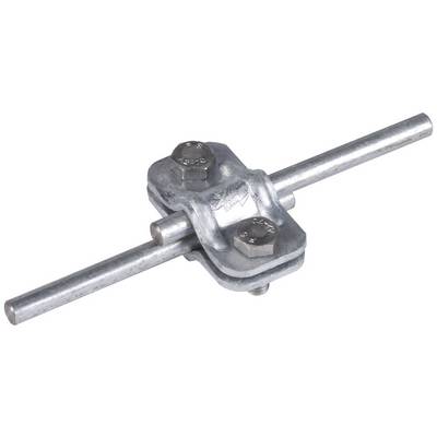 Ein Metallverbinder mit zwei parallelen runden Stangen, befestigt durch eine zentrale Platte mit zwei Schrauben.