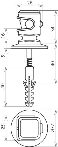 Technische Zeichnung eines Metall-Montageclips mit Maßangaben in Millimetern. Zeigt Front- und Seitenansicht des Clips.