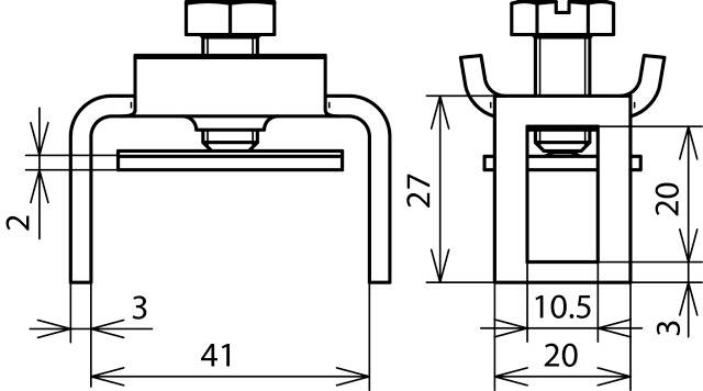 Technische Zeichnung eines Befestigungselements mit Maßen: Breite 41 mm, Höhe 27 mm, Bohrlochabstand 10,5 mm.