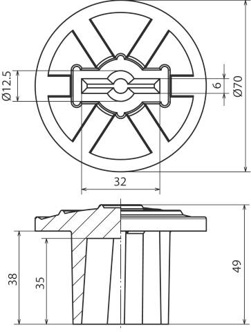 Technische Zeichnung eines Rades mit Querschnitt- und Seitenansicht. Zeigt Maße: Durchmesser 70 mm, Höhe 38 mm, Breite 32 mm.