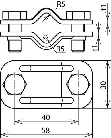 Technische Zeichnung einer Rohrschelle: Obenansicht und Seitenansicht mit Maßen. Länge: 58 mm, Breite: 30 mm, Bolzenabstand: 40 mm.