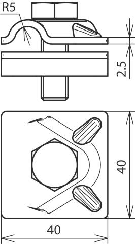 Technische Zeichnung eines quadratischen Metallhalters mit 40 mm Seitenlänge und 2,5 mm Biegung. Schrauben und Klemmen sichtbar.