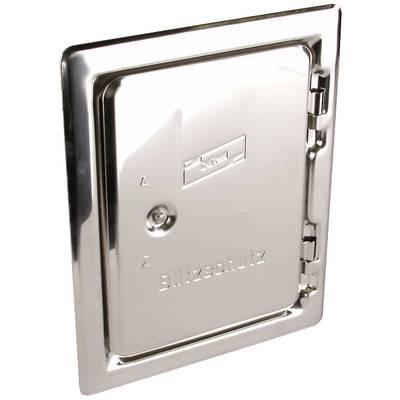 Metallene Abdeckung mit graviertem Text 'Blitzschutz', Scharnier rechts, silberfarben.