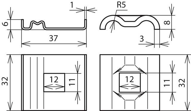 'Technische Zeichnung eines Metallprofils mit Maßen: Breite 37 mm, Länge 32 mm, Höhe 6 mm. Schnittansichten und Detailzahlen gezeigt.'