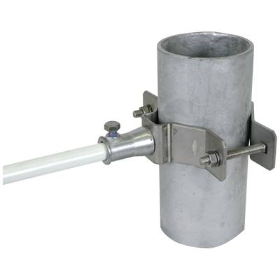 Ein Metallrohr mit zwei Halterungen und Schrauben, daran befestigt ein weiteres Rohr. Veranschaulicht eine stabile Verbindungsart.