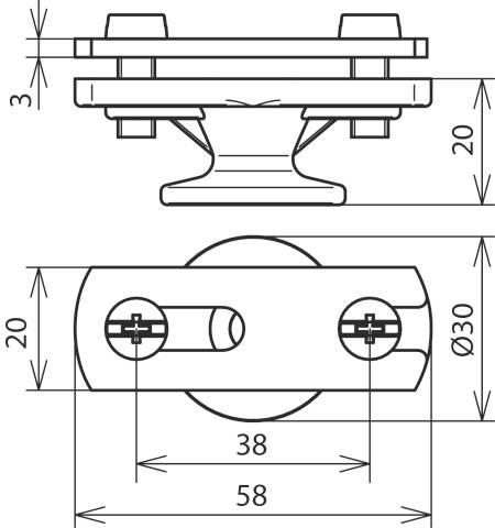 Technische Zeichnung eines Metallbeschlags mit Maßen: Länge 58 mm, Breite 20 mm, Höhe 20 mm, Gewindedurchmesser 30 mm.
