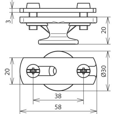 Technische Zeichnung eines Metallbeschlags mit Maßen: Länge 58 mm, Breite 20 mm, Höhe 20 mm, Gewindedurchmesser 30 mm.