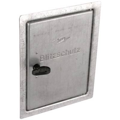 Metallschrank mit Gravur 'Blitzschutz', Logo und schwarzem Drehknopf in der Mitte.