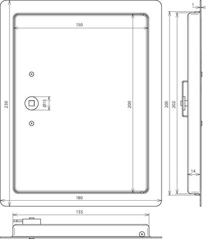 Technische Zeichnung eines rechteckigen Gehäuses mit angegebenen Maßen: 180x230 mm Vorderansicht, 155 mm Seitenansicht, Lochdurchmesser 15 mm.