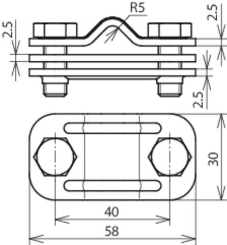 'Technische Zeichnung eines Metallklemmsystems mit zwei Schrauben und Maßen: 58 mm Länge, 30 mm Breite, 40 mm Lochabstand.'