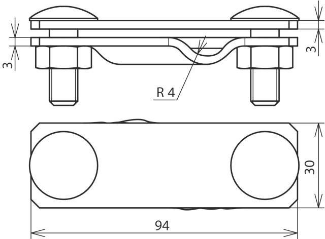 Technische Zeichnung einer Metallklammer mit zwei Schrauben. Maße: Breite 94 mm, Höhe 30 mm. Radien von 4 mm und 3 mm sichtbar.
