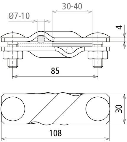 Technische Zeichnung eines Attaches zum Spannen von Kabeln mit Maßangaben: Länge 108 mm, Breite 30 mm, Bohrungsdurchmesser 7-10 mm.