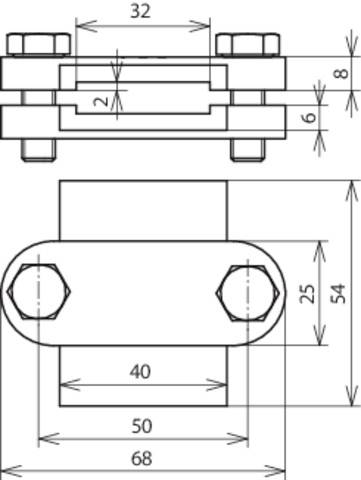 Technische Zeichnung eines mechanischen Bauteils mit zwei Ansichten. Bemaßungen sind in Millimetern angegeben, Fokus auf Abstände und Gewinde.