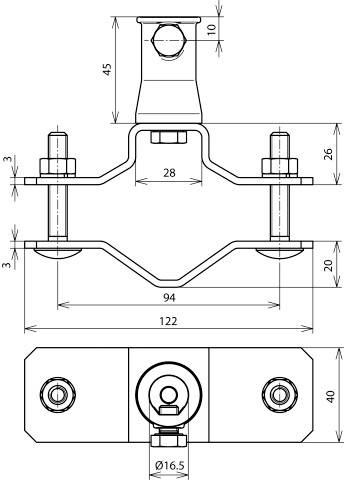 Technische Zeichnung einer Metallhalterung mit Abmessungen in Millimetern. Zeigt zwei Ansichten der Komponenten mit Schrauben und Befestigungen.