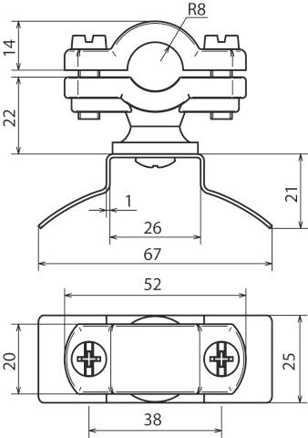 Technische Zeichnung eines Bauteils mit Maßen in Millimetern. Vorder- und Seitenansicht zeigen Details wie Schraubenlöcher und Rundungen.