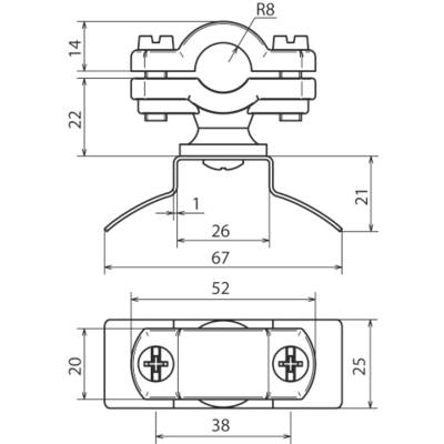 Technische Zeichnung eines Bauteils mit Maßen in Millimetern. Vorder- und Seitenansicht zeigen Details wie Schraubenlöcher und Rundungen.