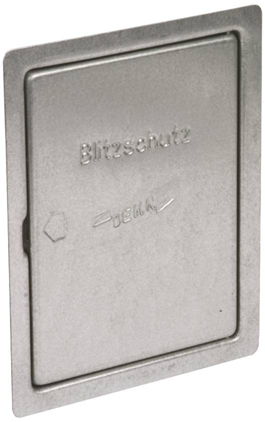 Metallplatte mit der Prägung 'Blitzschutz' und einem Pfeil darunter.