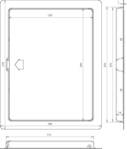 Technische Zeichnung einer rechteckigen Abdeckung mit Pfeilmarkierung in der Mitte. Maße: 230 x 200 mm, Seitenansicht zeigt Tiefe von 14 mm.