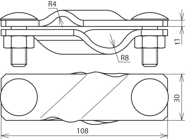 Technische Zeichnung einer Metallklemme. Maße: Breite 30 mm, Länge 108 mm, Dicke t1, Biegeradien R4 und R8, mutmaßlich Schraubverbindungen.