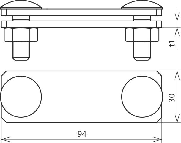 Technische Zeichnung einer Metallverbindung mit zwei Schraubbolzen, Draufsicht und Seitenansicht. Maße: 94 mm Länge, 30 mm Breite.