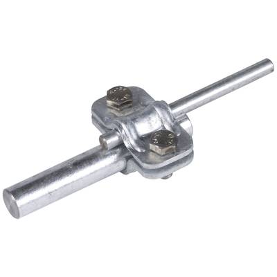 Zylindrische Metallstange mit befestigter Klemme und Schrauben, liegt quer über einem gleichartigen Metallstängel.