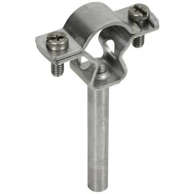 Metallische Rohrhalterung mit zwei Schrauben für Befestigung, geeignet zur Montage von Rohren an Wänden oder anderen Oberflächen.