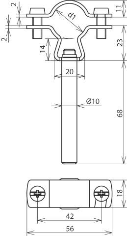 Technische Zeichnung eines Rohrschellenhalters mit Maßen: Länge 68 mm, Breite 56 mm, Rohrdurchmesser 10 mm. Schrauben und Muttern sichtbar.
