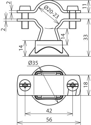Technische Zeichnung eines Scharniers mit Maßen: 20 mm Durchmesser, 23 mm Innen sowie 56 mm Breite. Detailansicht zeigt Schraubenpositionen.