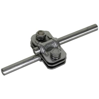 Metallklammer mit zwei Schrauben befestigt an zwei zylindrischen Metallstangen, zeigt Verbindungstechnologie oder Konstruktion.