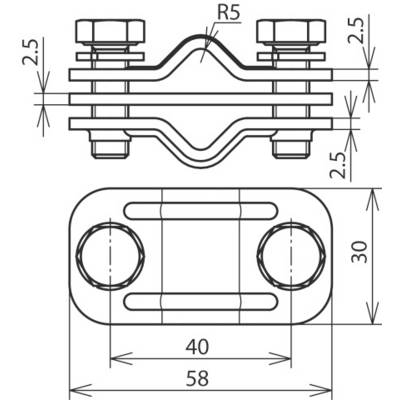 Technische Zeichnung eines Metallklammerbauteils mit Abmessungen: 58 mm Länge, 30 mm Breite, 2,5 mm Dicke.