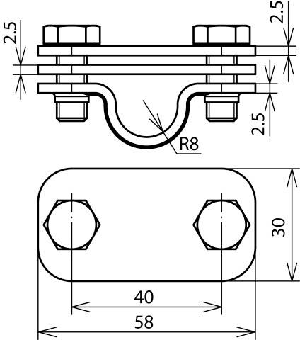 Technische Zeichnung einer Rohrschelle mit Maßen: Breite 58 mm, Höhe 30 mm. Zwei Schraubverbindungen und Krümmungsradius R8.