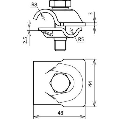 Technische Zeichnung einer Metallklammer mit den Maßen: Länge 48 mm, Breite 44 mm, und verschiedene Biegeradien R8 und R5.