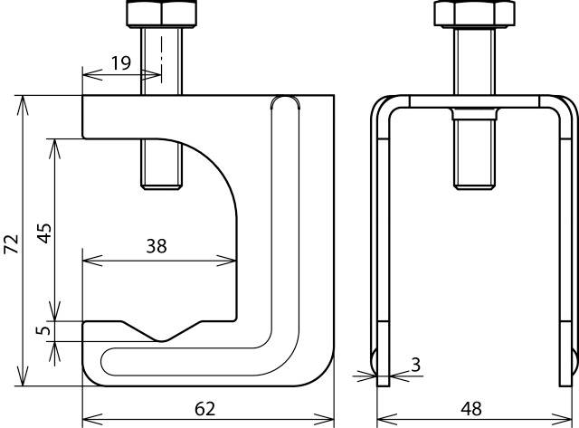 Technische Zeichnung einer Metallklemme mit Maßen: Höhe 72 mm, Breite 62 mm, Spannweite 38 mm; seitliche und frontale Ansicht.