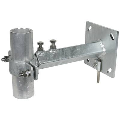 Wandhalterung aus Metall mit verstellbarer Rohrklemme und Schrauben, geeignet für die Befestigung von Rohren oder Antennen.