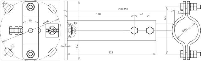 Technische Zeichnung eines Zylinders mit Bemaßungen, zeigt Seiten- und Vorderansicht. Details zu Längen, Durchmessern und Abständen.