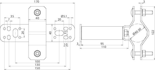 Technische Zeichnung eines Montagehalters mit Maßen in Millimetern. Links: Frontansicht mit Bohrungen und Abständen. Rechts: Seitenansicht mit Rohrdurchmesser.