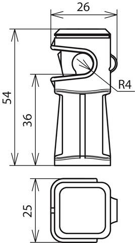Seitenansicht und obere Ansicht einer mechanischen Komponente mit angegebenen Maßen: Höhe 54, Breite 26, Tiefe 25.