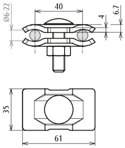 Technische Zeichnung einer Schraubverbindung mit Maßen: Breite 40mm, Höhe 35mm, Länge 61mm und Durchmesser 6-22mm.