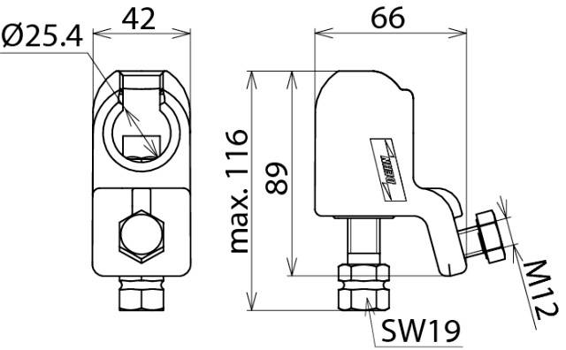 Technische Zeichnung eines mechanischen Teils mit Abmessungen. Zeigt Seiten- und Vorderansicht mit Maßen von 42, 66, und 89 mm.
