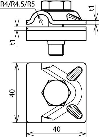 Technische Zeichnung eines quadratischen Bauteils mit Maßen 40x40 mm, abgerundet auf R4/R4.5/R5. Obere Ansicht und Querschnitt gezeigt.
