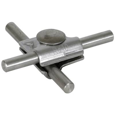 Ein silbernes Metallwerkzeug mit vier kurzen, zylindrischen Griffen und einer zentralen runden Scheibe.