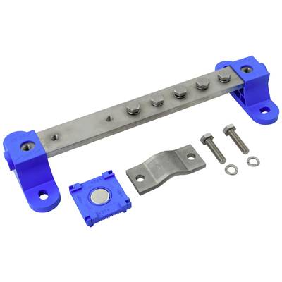 Metallschiene mit vier Schrauben, blauen PVC-Haltern und zusätzlichen Befestigungselementen für Montagelösungen.