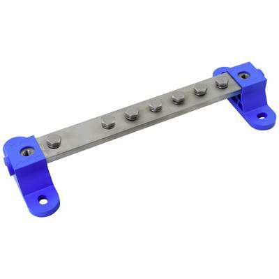 Metallschiene mit sechs Schrauben befestigt, an blauen Halterungen montiert.