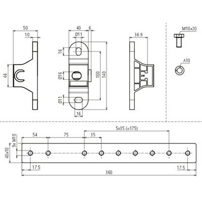 Technische Zeichnung zeigt Maße und Ansichten eines Metallbauteils mit Bohrungen und Schraubenlöchern. Maße in Millimetern angegeben.