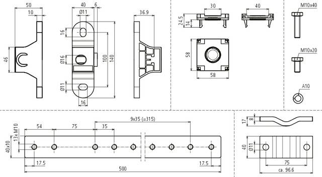 Technische Zeichnung eines mechanischen Bauteils mit Front-, Seiten- und Draufsicht. Maße und Bohrlochabstände sind angegeben.