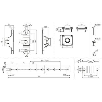 Technische Zeichnung eines mechanischen Bauteils mit Front-, Seiten- und Draufsicht. Maße und Bohrlochabstände sind angegeben.