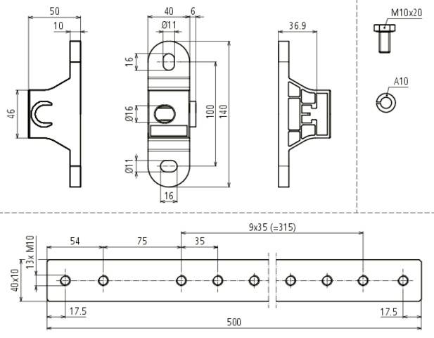 Technische Zeichnung eines Bauteils mit verschiedenen Ansichten und Abmessungen. Beinhaltet Maße, Gewindedetails und Bohrungen.